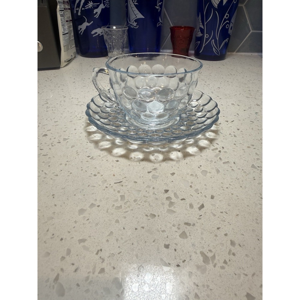 Anchor Hocking Bubble Light Blue Tea Cup And Saucer Mid Century Depression Glass